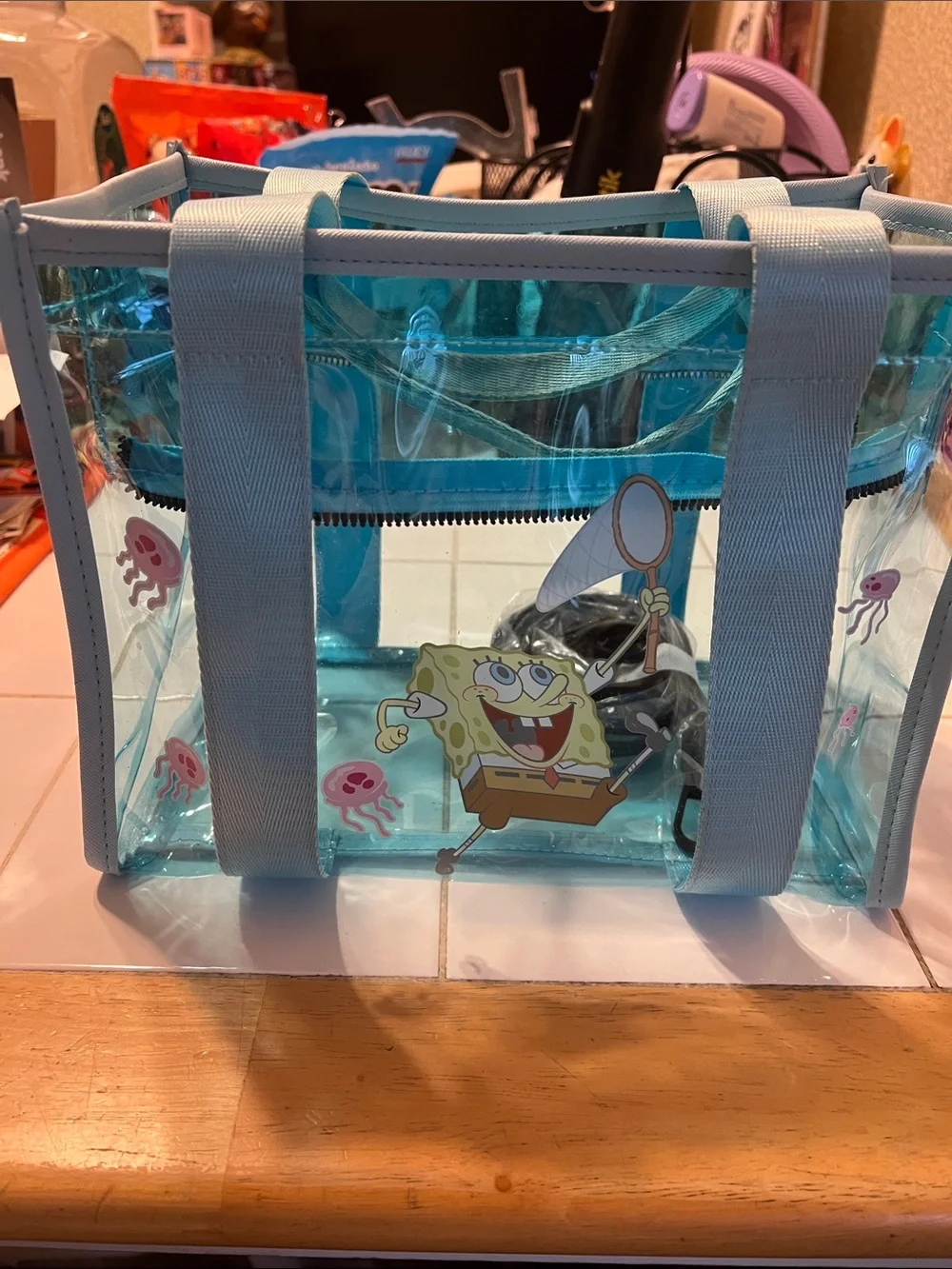 Light Blue Clear Tote Bag with Sponge Character Print - Women's Bag